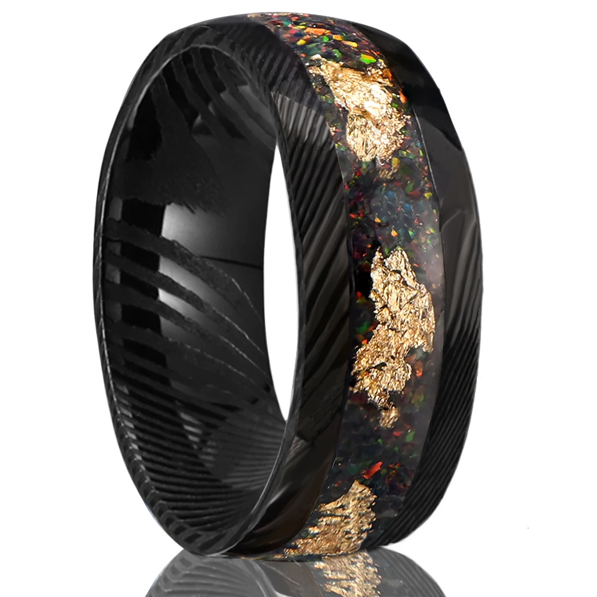 Black Damascus Steel Rings for Men and Women 8mm Hammered Inlaid with Red Opal Gold Foil Mens Engagement Wedding Bands 250611