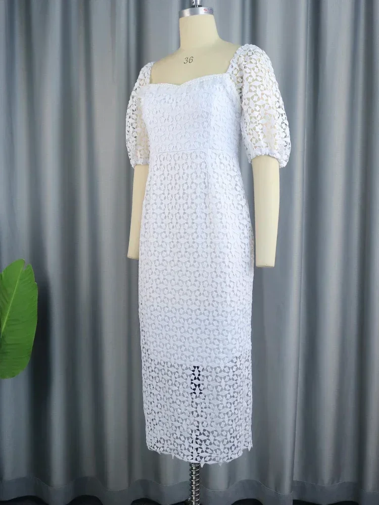 Robe en dentelle blanche vintage des femmes manches bouffées carrées chics d'été élégant invité de mariage cocktial vêtements d'anniversaire xxxl