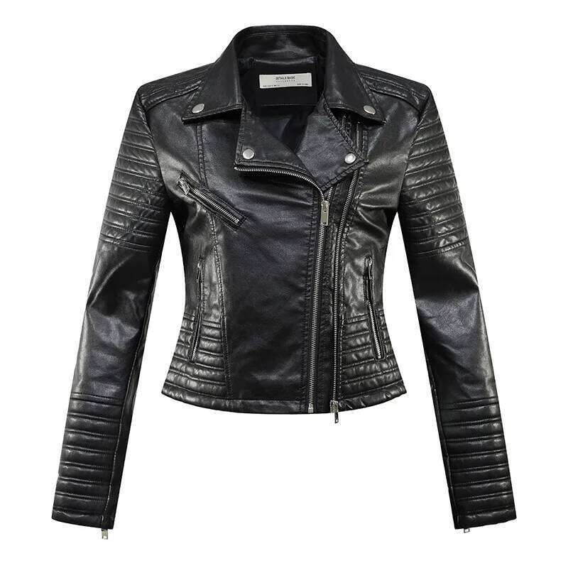 Veste de moto en cuir PU pour femme – Veste de motard décontractée avec col montant, manches longues, manches matelassées, fermeture éclair, doub
