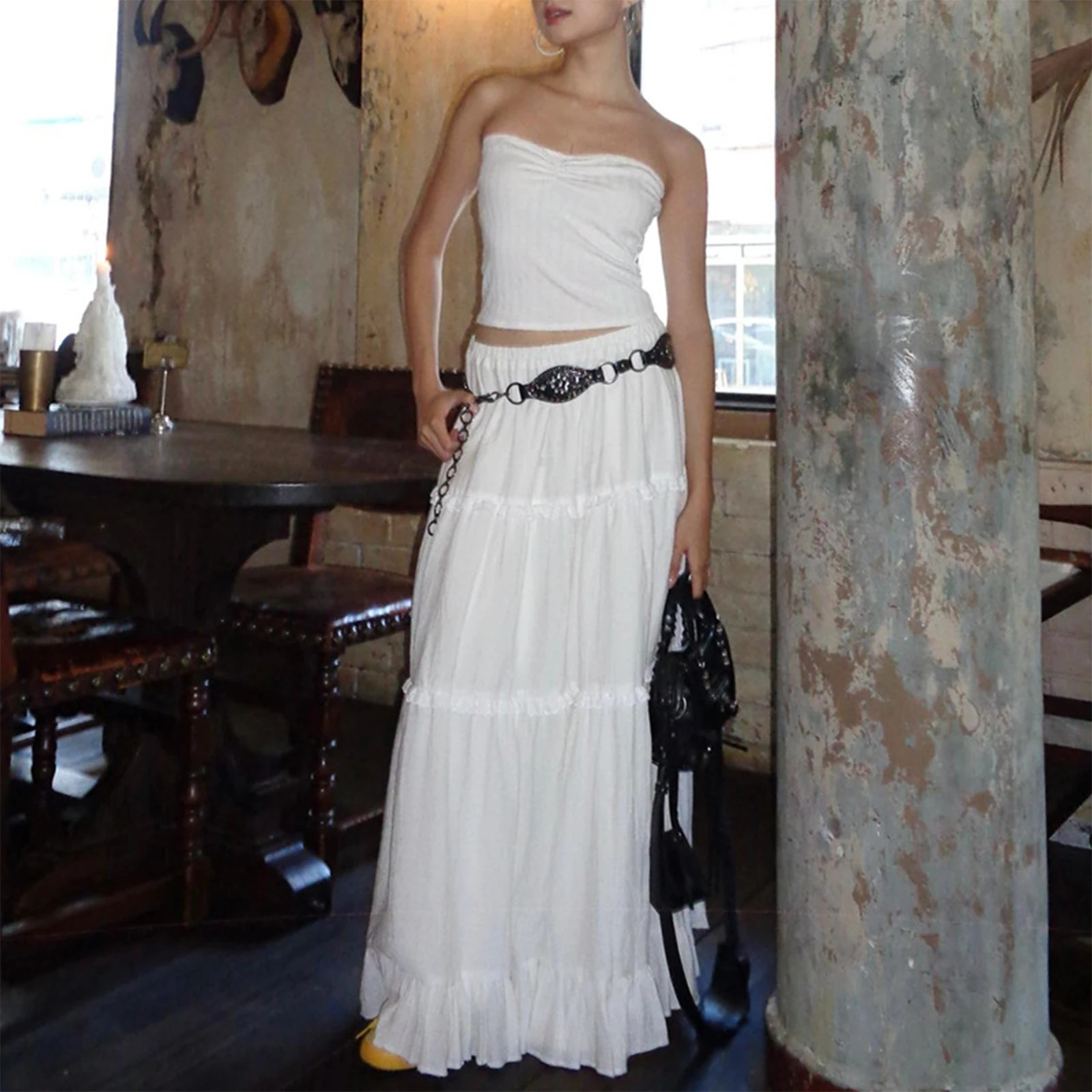 Fairycore Elegant White Flowy Hem Long Skirts Women Elastic Waist Ruffle Lace Trim Flare A-Line Skirts Retro Streetwear 250606