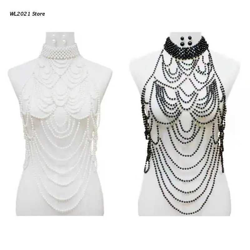 Womens Multilayered Pearl Body Chain Choker Necklace Harness Adjustable Sexy Bikini Body Jewelry Bib for Pageant Prom Party W250611-image-1061511298