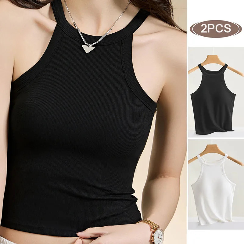 2PCS Halter Neck Camis Crop Top with Build-in Bra For Women Slimming Fit High Elestic Breathable Tank Tops With Fixed Chest Pad 250606