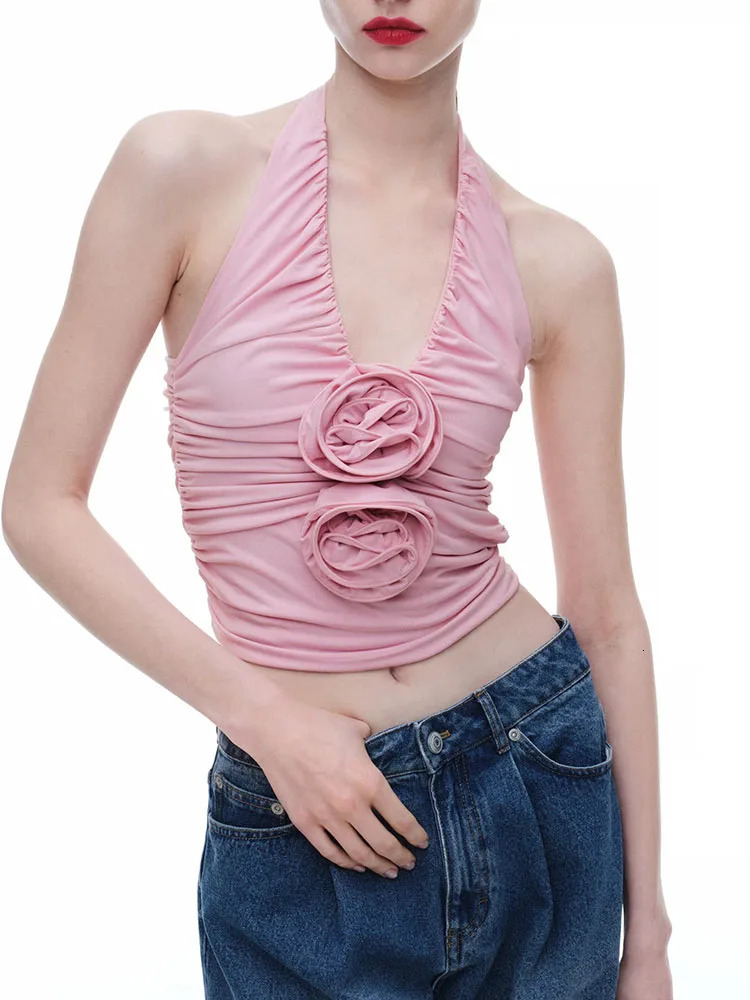 Woman clothing y2k summer handmade studded flower pleated Women top hanging neck sleeveless knit tank top Womens t-shirt 250606