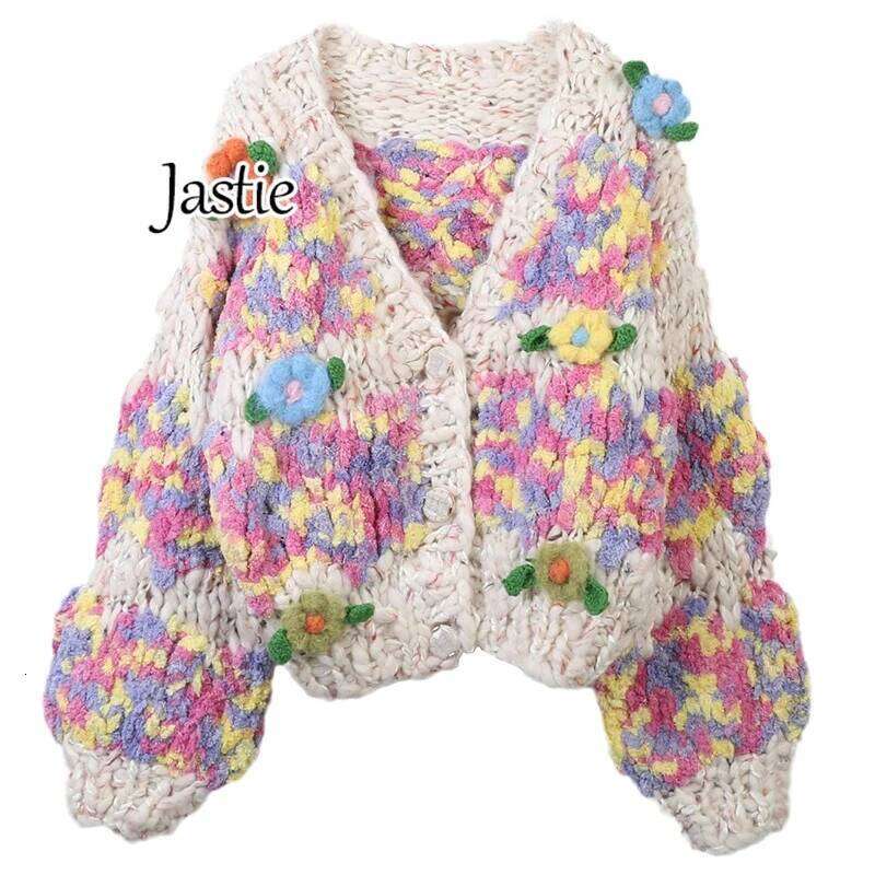 Jastie Retro Autumn And Winter New Women Cardigan Sweater Colorful Handmade Flowers V-Neck Long Sleeve Loose Knitted Top