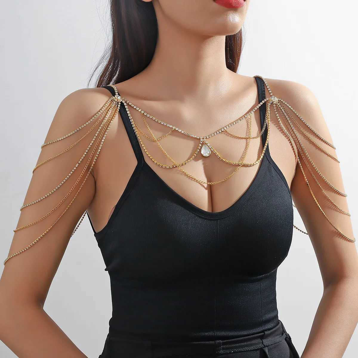 Fashionable Water Drop Pendant Luxury Multi-layer Rhinestone Chest Chain Party Full Dress Womens Body Chain Jewelry W250611-image-1061511074