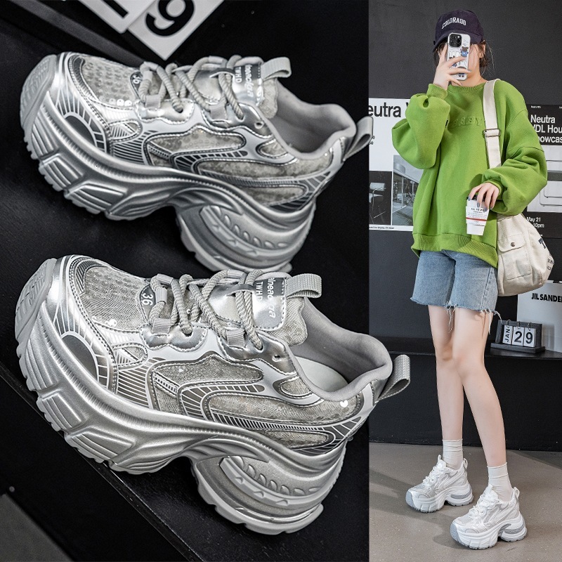 Silver Dad Femmes 2025 Nouveau été en cuir authentique Mesh épaisse hauteur de semelle augmentant les chaussures à tendance sportives décontracté
