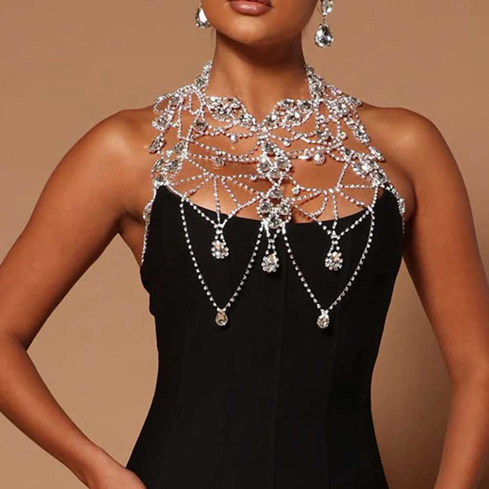 Fashionable Multi-layer Waterdrop Tassel Chest Chain with Exaggerated Style Womens Rhinestone Body Chain W250611-image-1061510984