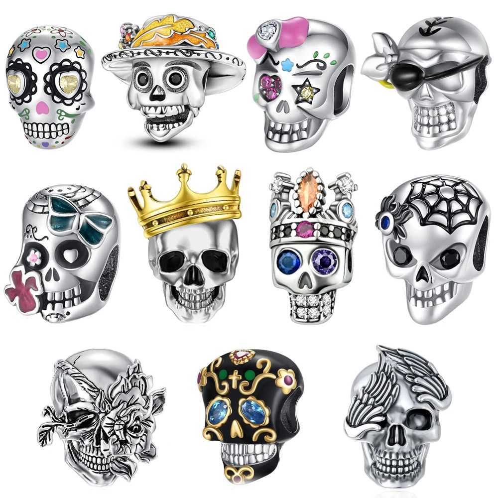 Handmade 925 Sterling Silver Feather Crown Doodle Halloween Skull Dangle Charm Fit Original Bracelet DIY Jewelry Gift For FriendXJ250611-image-1061516743