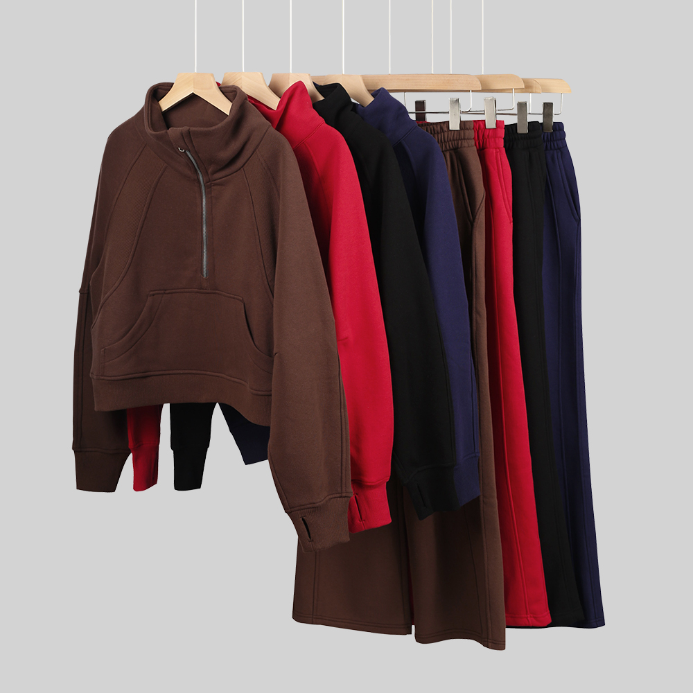 women yoga half zipper full pull hoodie pants set womens autumn and winter Plus Velvet Thickening jackets hoodys sports terry sweater loose worko-image-992652523