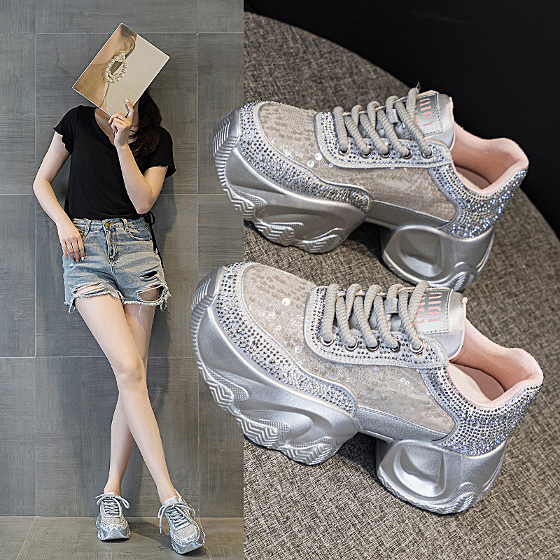 Mesh Dad Shoes for Women 2025 Spring Summer New Versatile Rhinestone Thick Sole Petite Internet Celebrity Casual Sneakers ddmythur