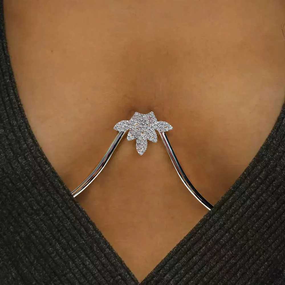 1 cross-border hot selling stainless steel Rhinestone chest frame sexy womens nightclub bikini crystal leaf shaped body chain W250611-image-1061511282