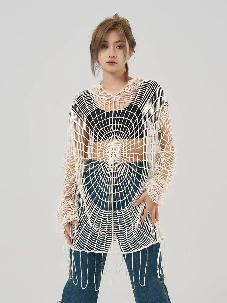Y2K Hollow Out Knit Women Hooded Tops Gothic Spider Web Spice Girl Mesh Pullovers Korean Fashion Streetwear Fishing Net Sweaters 250606