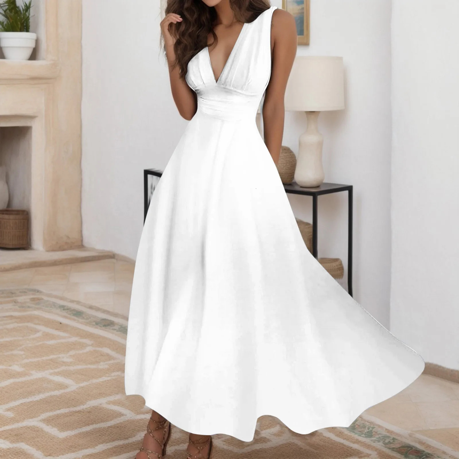 Robes décontractées de mode pour femmes printemps et d'été Couleur solide sans manches V côté coulle couche à glissière