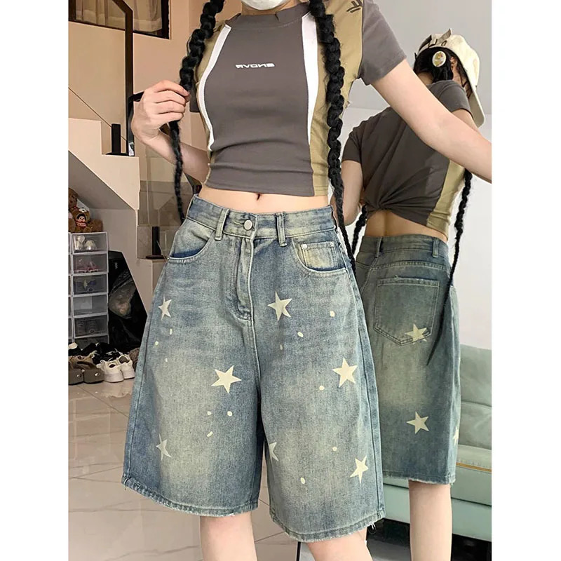 American Style Vintage Womens Short Jeans High Waisted Washed Wide Leg Denim Pants Woman Fashion Do Old Star Knee Length Shorts 250606