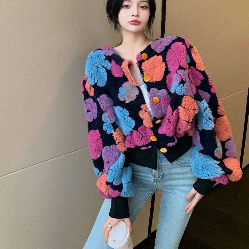 Casual O Puff Long Sleeve Cardigan Jacquard Automne Lamb LAMB 3D Pull de fleur veste courte Pull Fashion Tops tricoté vintage