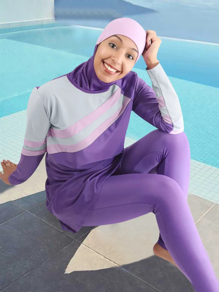 3PCSSet Muslim Swimwears Modest Women Long Sleeve Swimsuit Full Cover Swim Swimwear Hijab Top Pants 250605
