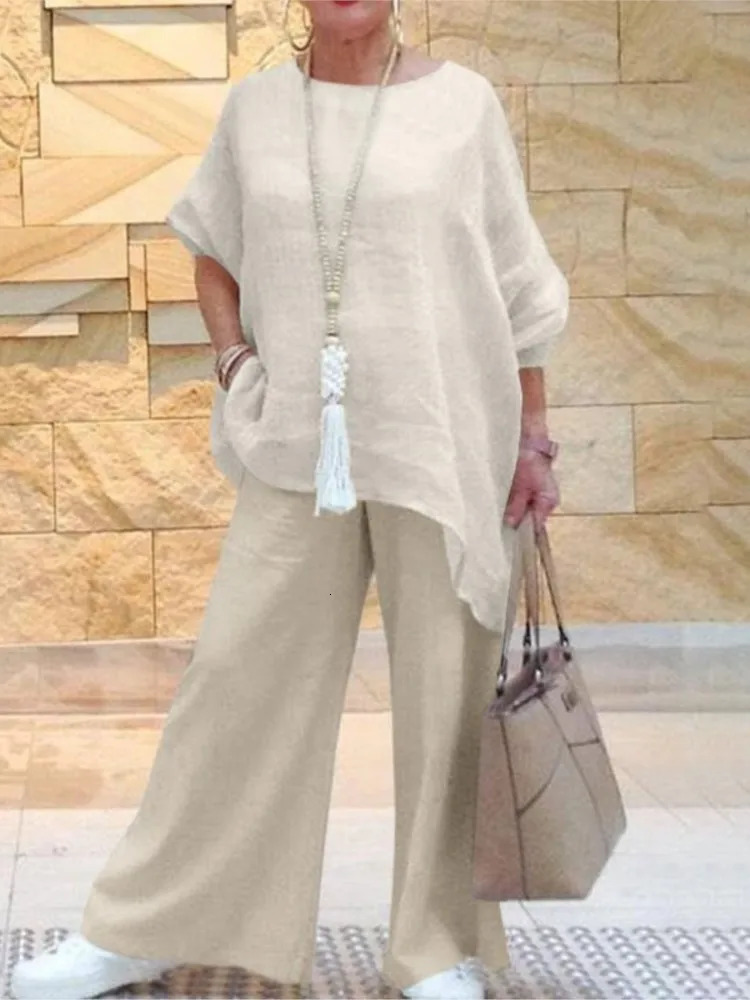 Summer Fashion Cotton Linen Womens Set Large Irregular Linen Shirt High Waist Loose Wide Leg Pants Elegant Two Piece Set 250606