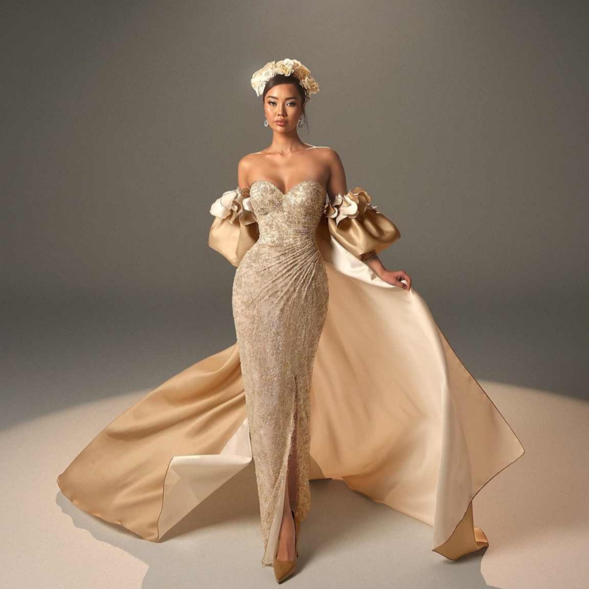 Shine Mermaid Evening Dress Sweetheart Cape Prom Gowns Sequins Beads Appliques Satin Pearls Prom Dress Vestido De Novia Plus Size Customized
