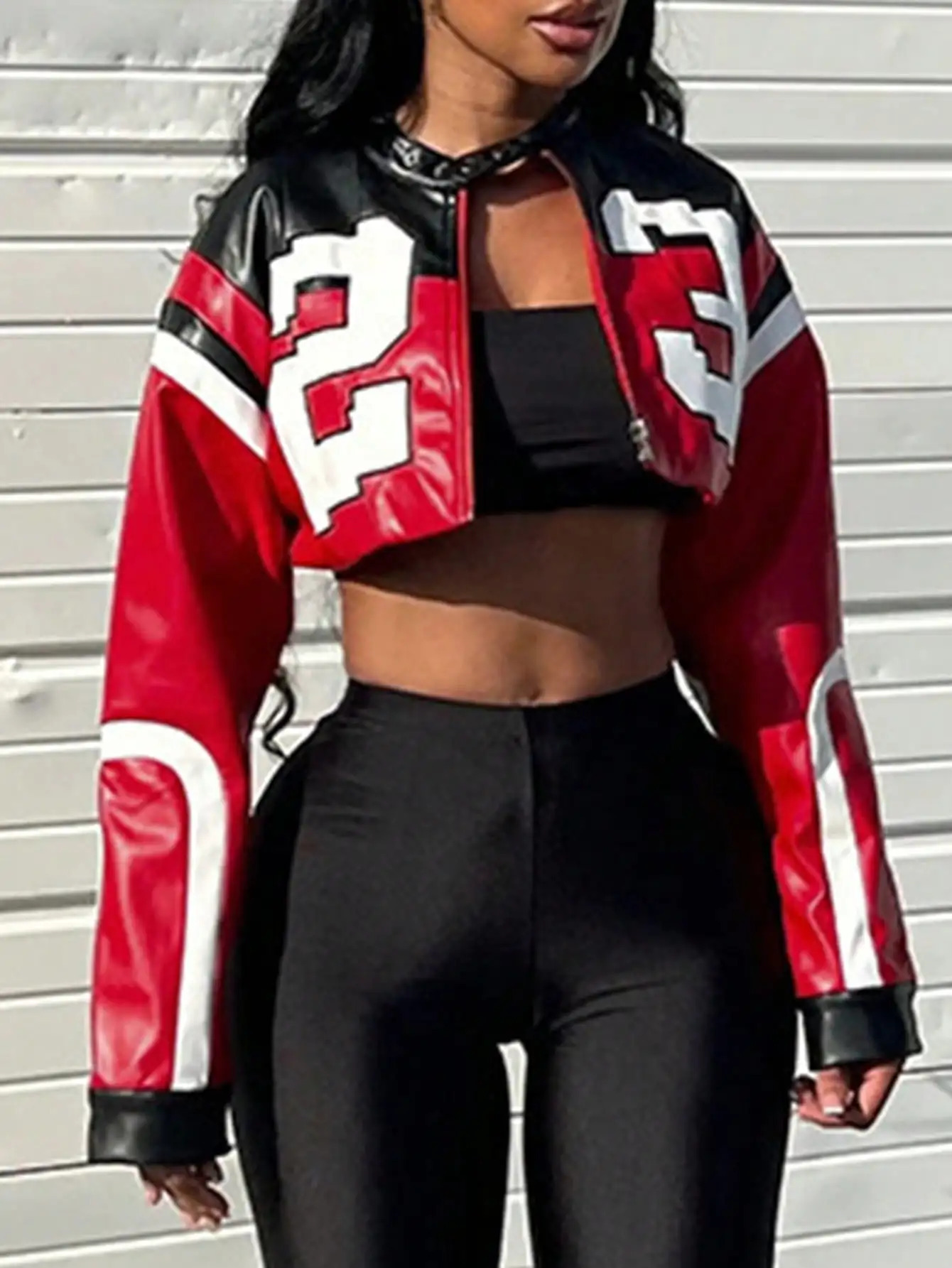 Veste en cuir fausse féminine courte en manteau rouge zipper veste veste de style moto énervé Tops décontractés Clubwea 250606