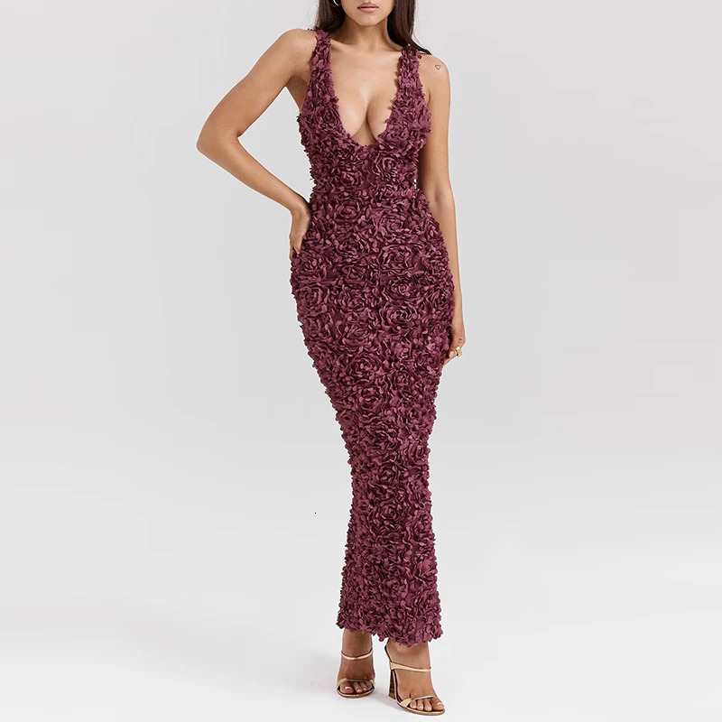 Sexy Sleeveless Solid Slim Suspenders Dress Fashion Dimensional Flowers Long Women Elegant Vneck Waist Gowns Party 250609
