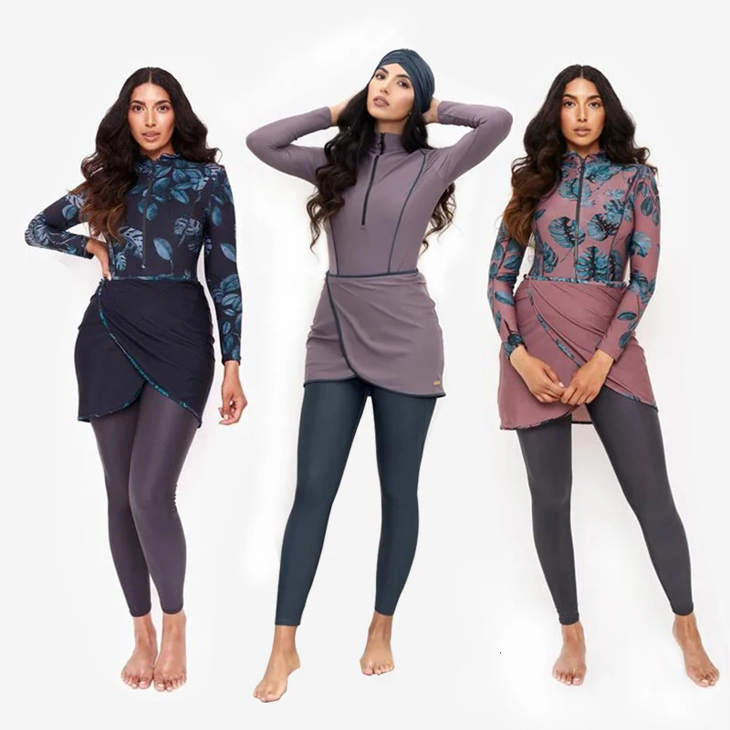 3PCSSet Plain Muslim Modest Swimwear Women Muslim Swimsuit Long Sleeve Islamic Big Full Cover Hijab Beach Clothing 250605