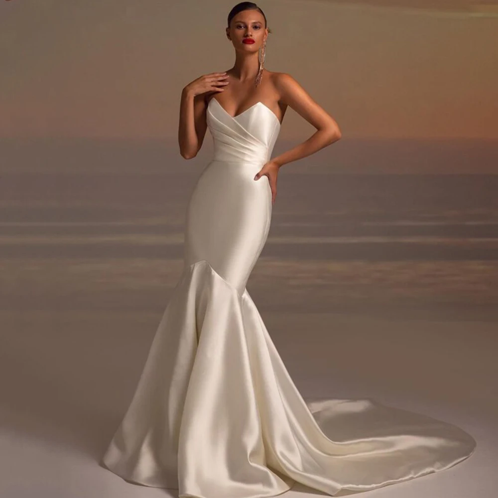 Classic Mermaid Evening Dresses Strapless V-Neck Sleeveless Satin Bride Gown Pleat Civil Dresses Princess Bridal Robe Custom Made Color/Size