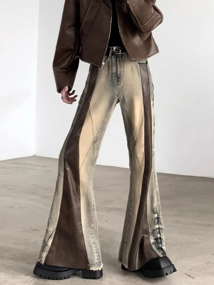 Trashy Y2K 2000S Pu Leather Patchwork Slim Flare Jeans Pants For Men 90S Vintage Clothes Colorblock Denim Trousers Fashion Men 250610