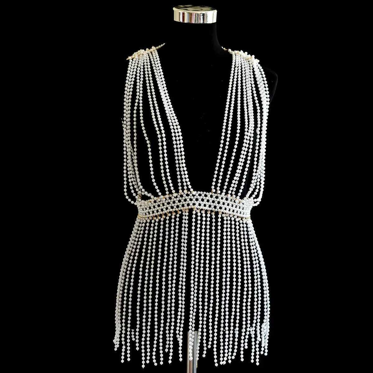 New Hand-Woven Pearl Harness Bra Fringe Long Skirt Body Chain W250611-image-1061510959