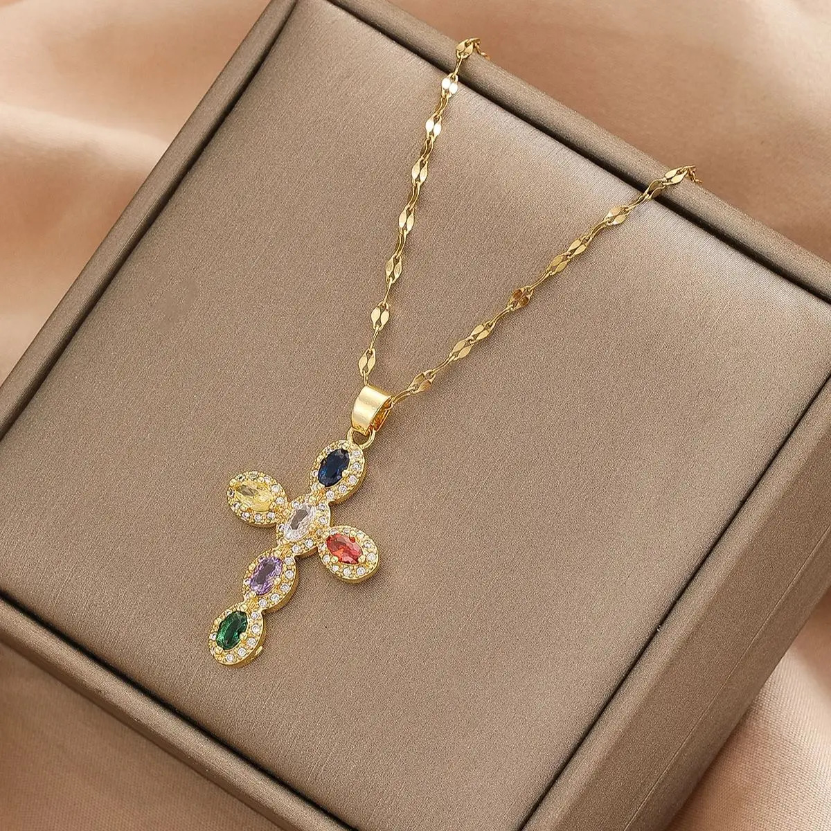 Fashion Personality 1 Piece Necklace Elegant Womens Micro Inlaid Colorful Round Zircon Cross 250611