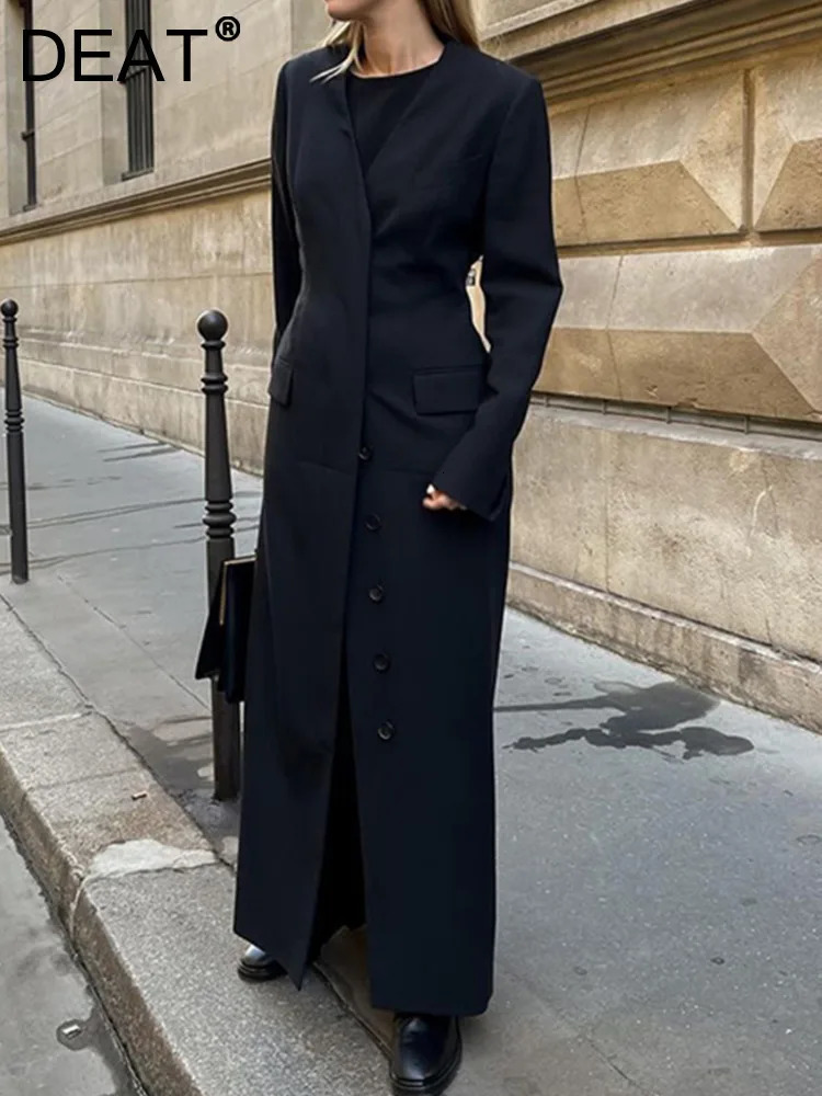 DEAT Fashion Womens Trench Coat No Collar Long Sleeves Single Breasted Pockets Black Slim Windbreaker Autumn 7AB1239 250606