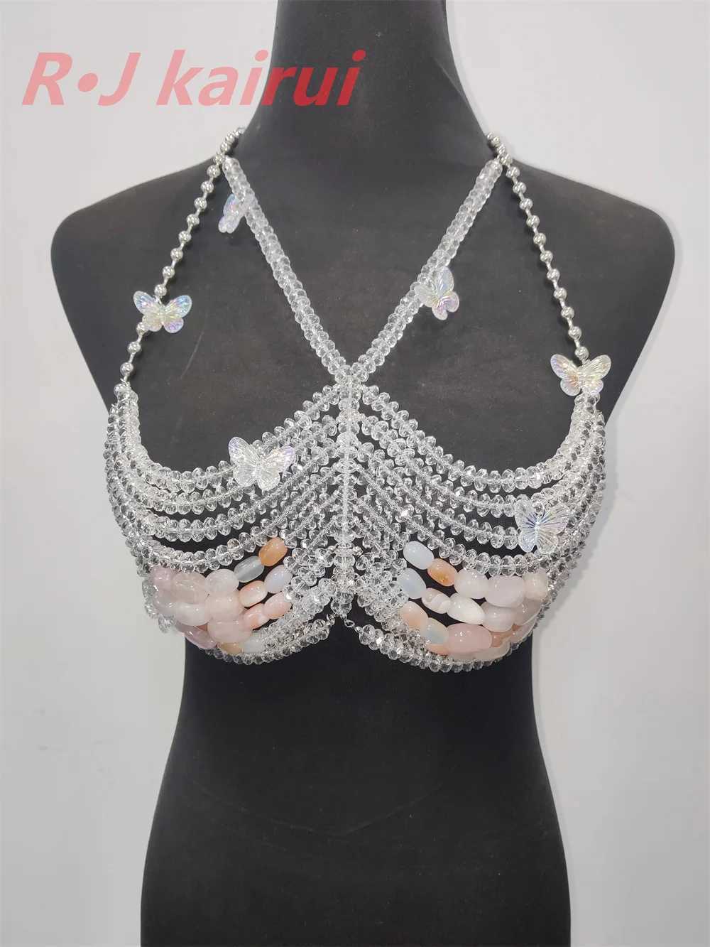 RJ Fashion Handmade Neck Chain Butterfly Clear Beads Real Pink Stones Jewelry Halter Masquerade Stage Party Body Accessories W250611-image-1061510927