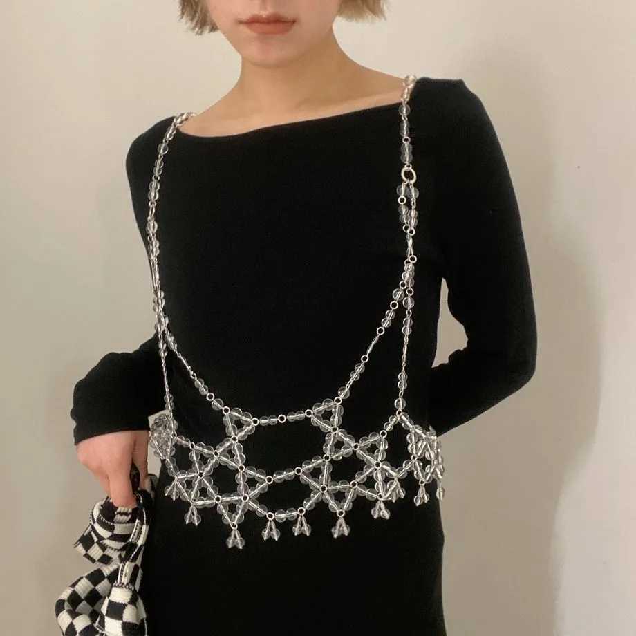 INS Sparkling Handmade Party Festival Accessories Transparent Beaded Vest Chest Harness Chain Pearls Body Jewelry Crystal Top W250611-image-1061511002