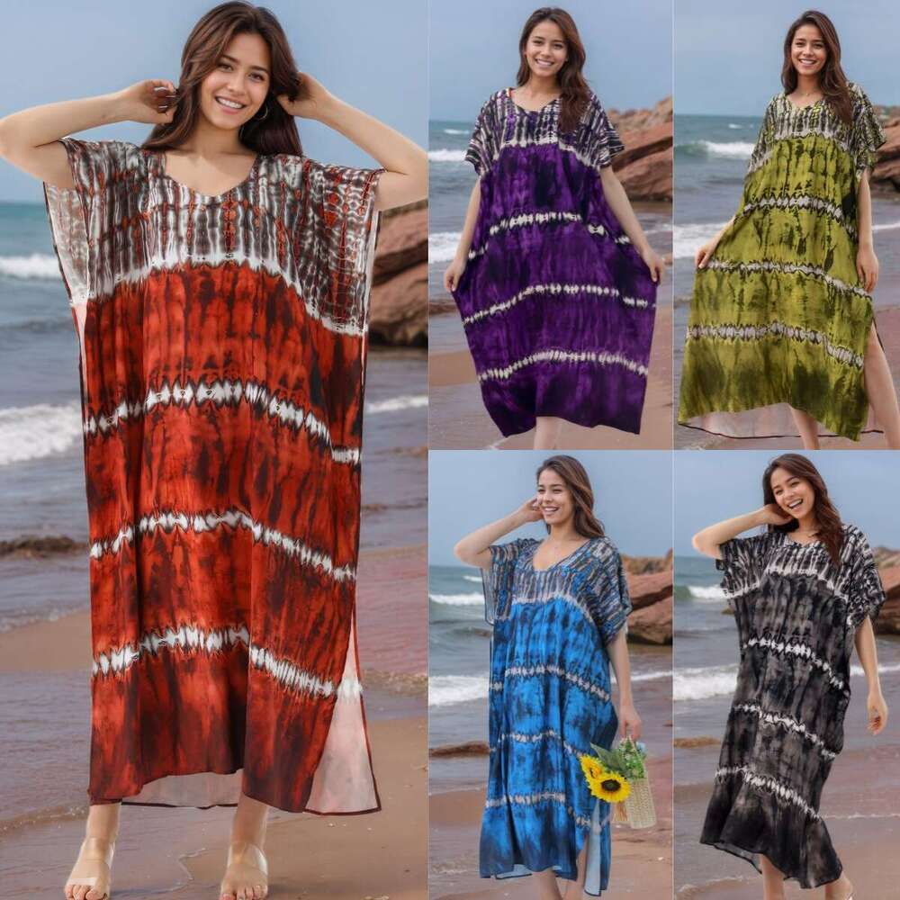 Robe ample en rayonne imprimée Tie-Dye pour les vacances, Cover-Up pour les maillots de bain, pour la plage, été, 2025