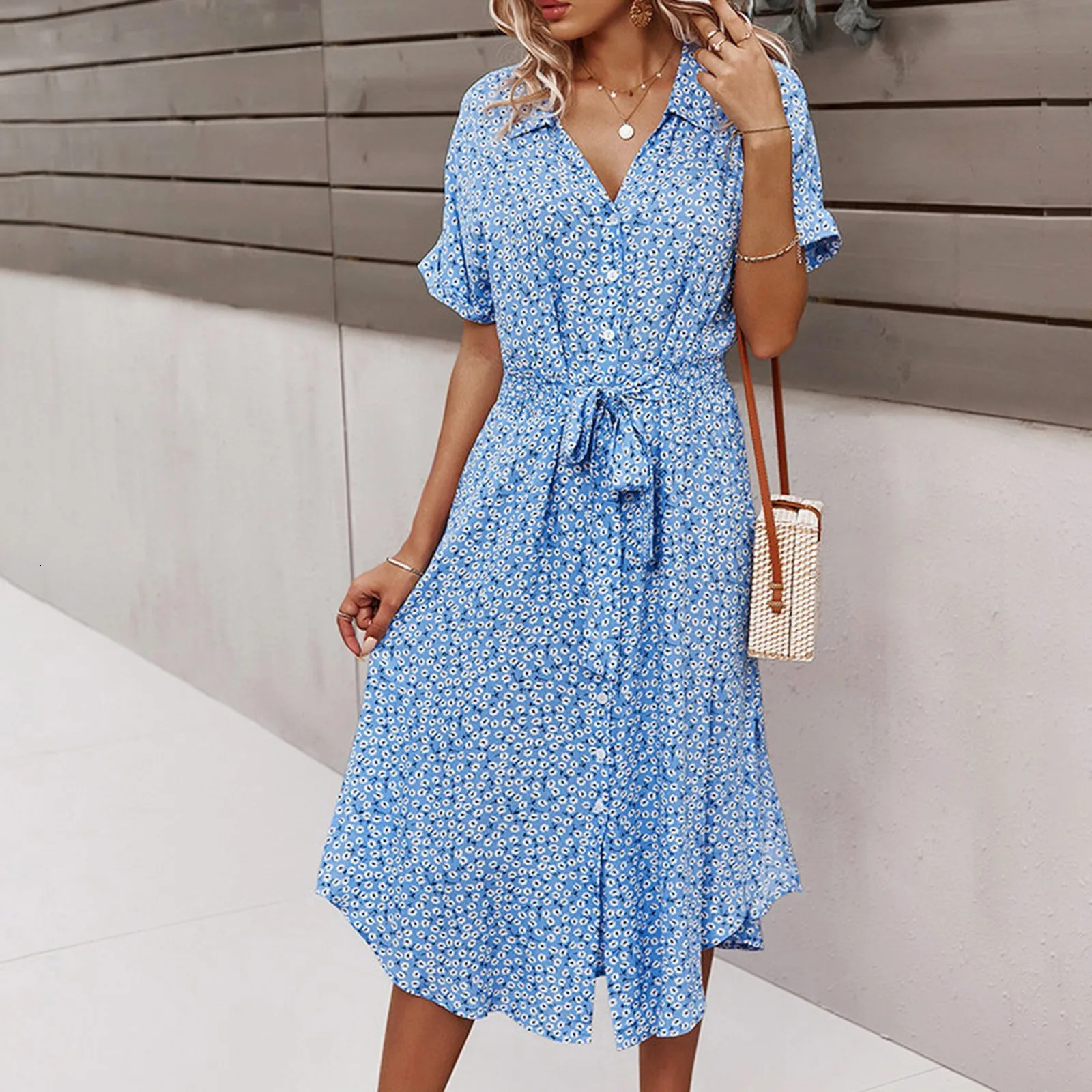 Robes pour femmes TRENDY Boho Floral imprimé en V Col à manches courtes Couverture de l'été avec ceinture d'été Vestidos élégants 250606