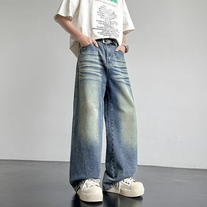Spring Trendy Jeans Metal Ring n Mens Gradient Color Washed Straight Denim Pants Wide Leg Casual Baggy Jeans 250610