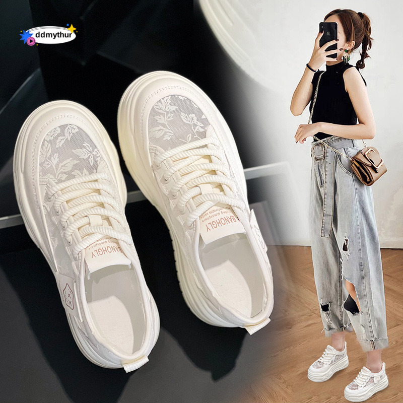 Women's Hidden Wedge White 2025 Spring New Style Petite Thick-Soled Platform Shoes Summer Lace Mesh Breathable Sneakers ddmythur