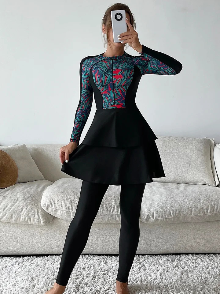 3PCSSet Islamic Femmes Modest Swimwear Women Long Sleeve Muslim Swimsuit Hijab Pant Top Leopard 250605