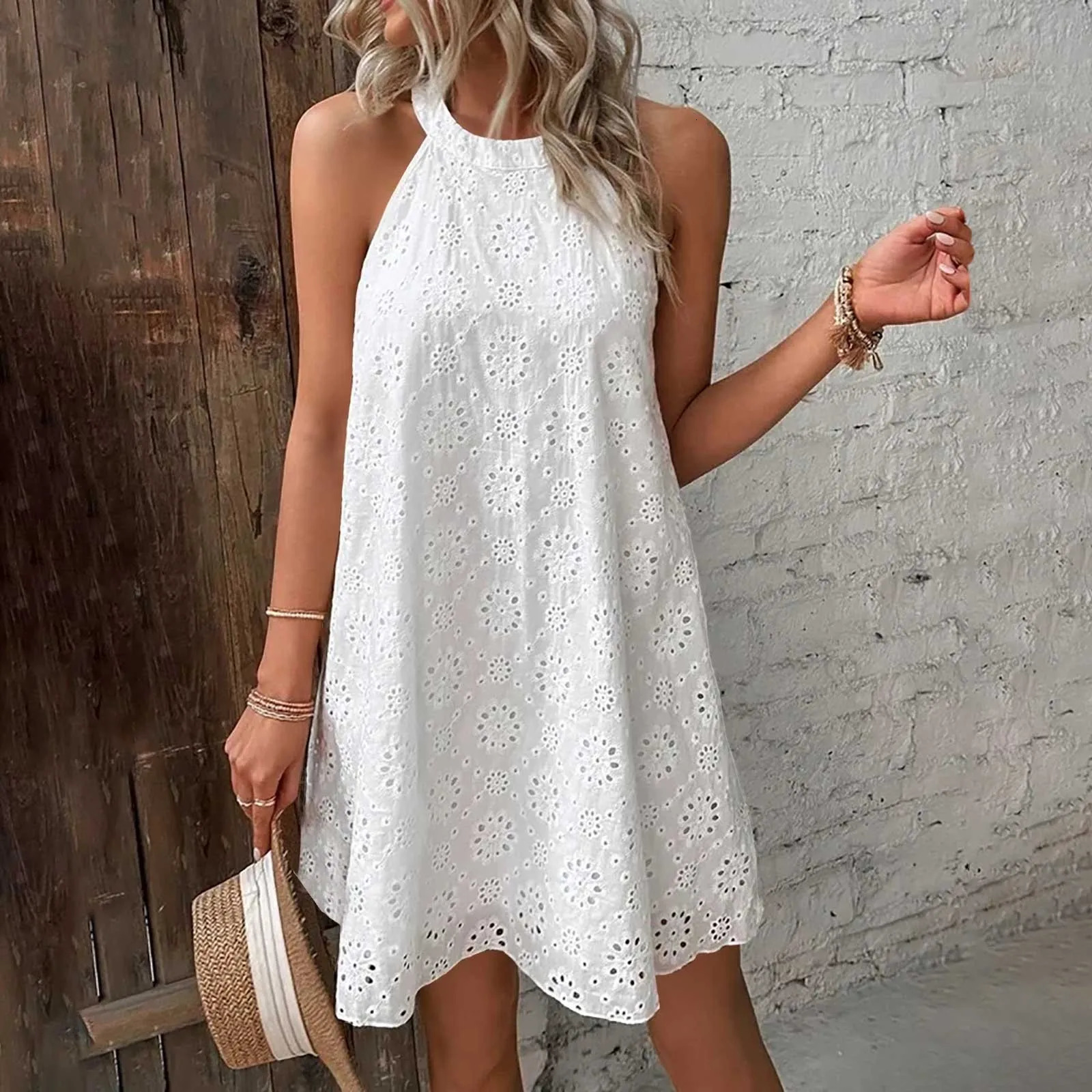 Womens Summer Vacation Dresses Hollow Lace Halter Solid Color Backless Short Casual Loose Holiday Beach Sundress 250609