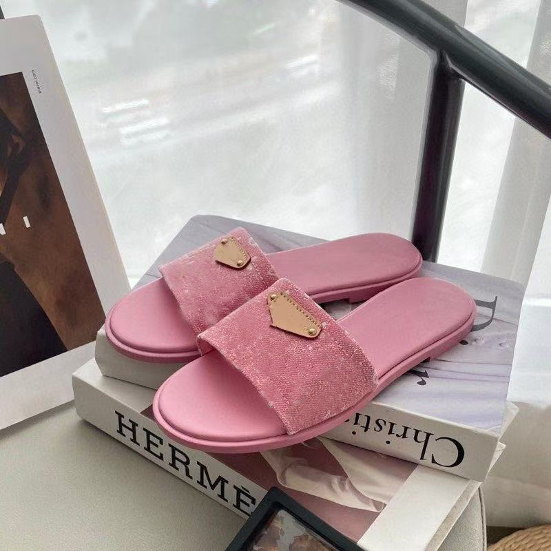 Pink Sandals Denim Slides Fashion Designer Women Sandal Luxury Flat Sliders Summer Beach Shoes Favourite Mules Sandale Size 35-41