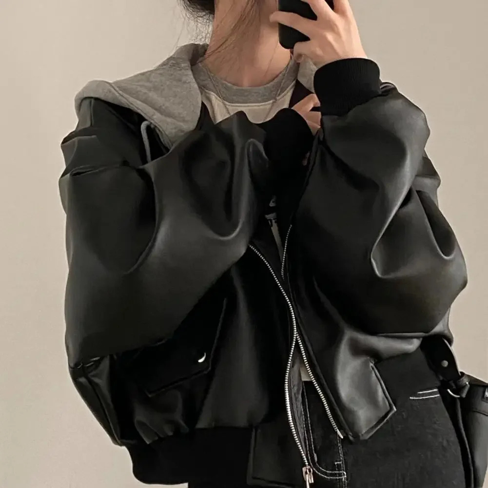 Spring Autumn Women Hooded Jacket Faux Leather Ladies Jacket Fashion Two Piece Short Jackets Female Vintage Casual PU Coat 250606