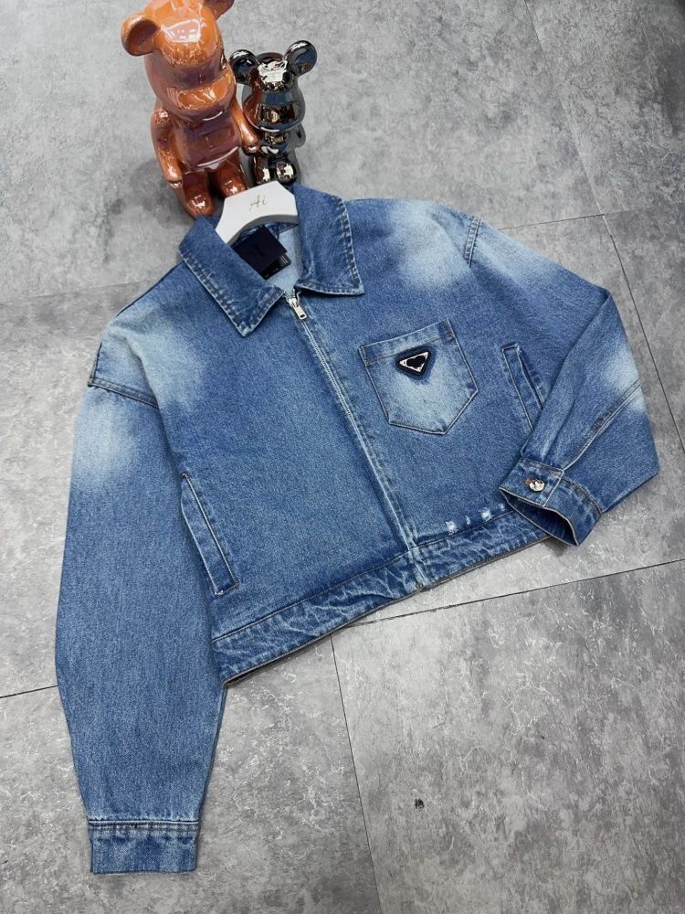 Women new turn down collar gradient color triangle logo appliqued designer denim jeans short jackets coats SML