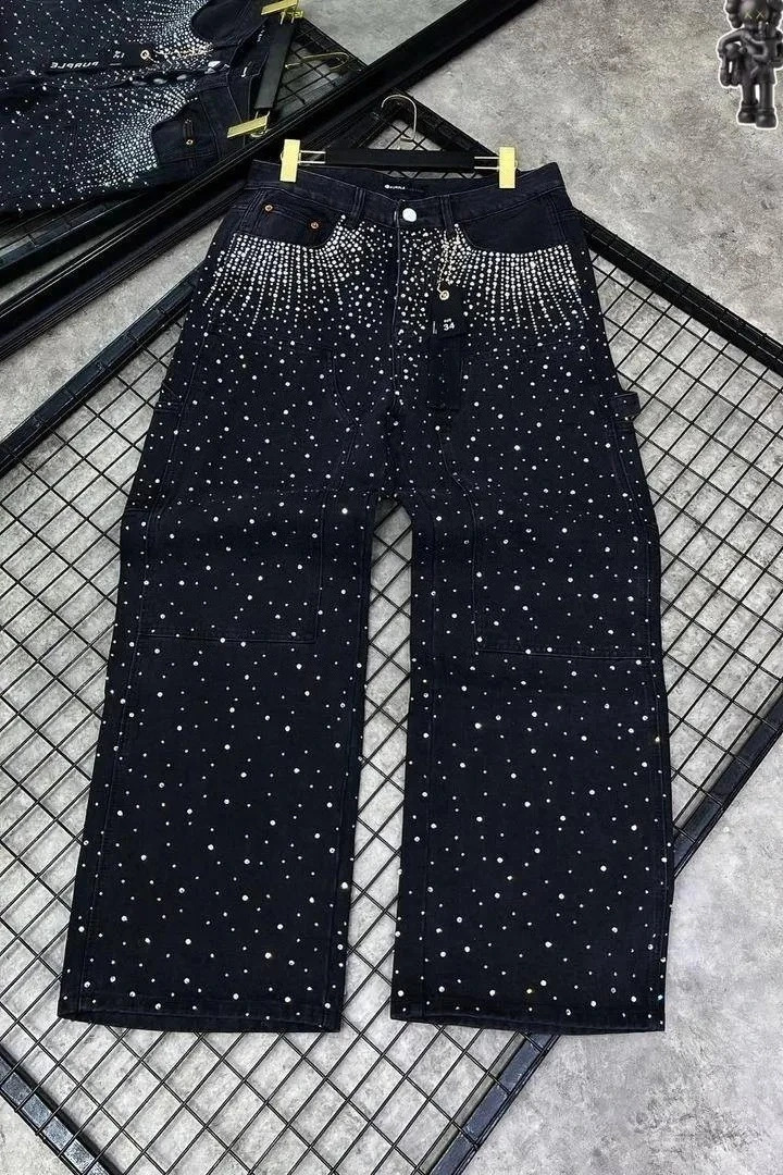Vintage Full Diamond Sequined Shiny Jeans Y2K Clothes Mens Womens Harajuku Hip Hop Retro Baggy Jeans Low Waist Wide Leg Trousers 250610