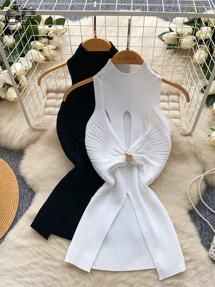 SINGREINY Sexy Sleeveless Knitted Tops Women Metal Criss Cross Fashion Shirt Summer Streetwear Hollow Out Elastic Camis 250606