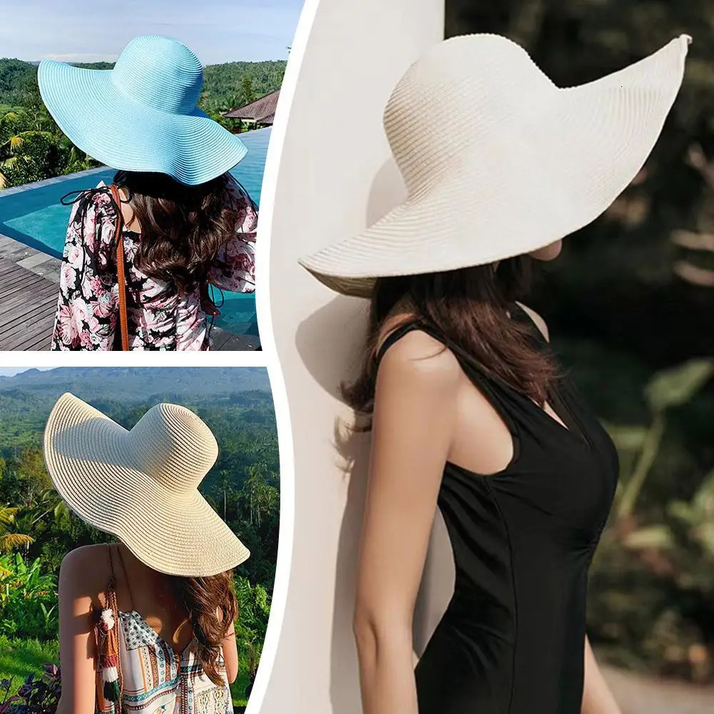 Korean Style Solid Color Wide Brim Sun Hat Womens Beach Straw Hat Foldable Spring Summer UV Protection Fashion Sunshade 250610