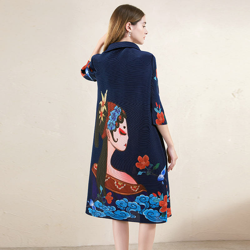 (104) Printed pleated dress spring and summer three-bed shirt collar covers the belly and makes you look thin and casual