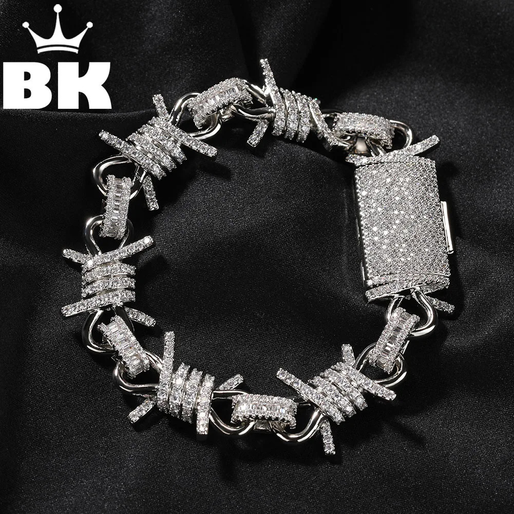 Le Bling King Mens grand bracelet de chaîne de fil barbelé bracelet glacé Baguette CZ Full 19 mm de lien d'épaisseur Charme Hip Hop Box fermoir J
