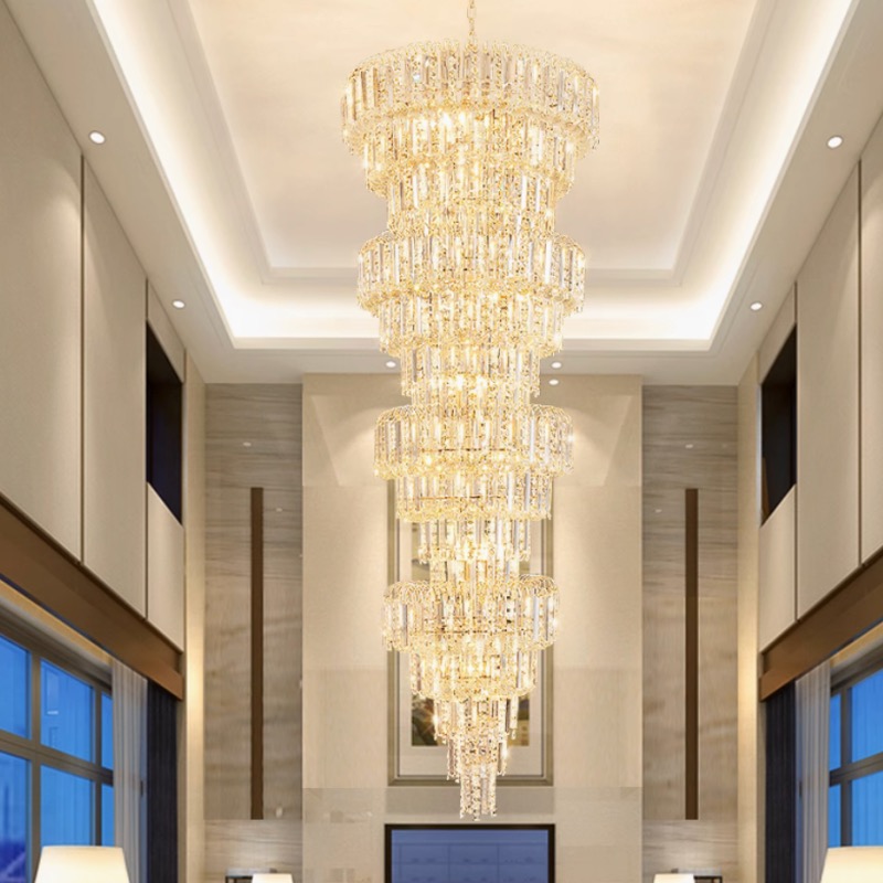 Modern Crystal Chandeliers Stairs Long Gold Chandelier Lighting Fixture American Luxurious Droplight Stairways Hall Lobby Living Room Hanging Lam