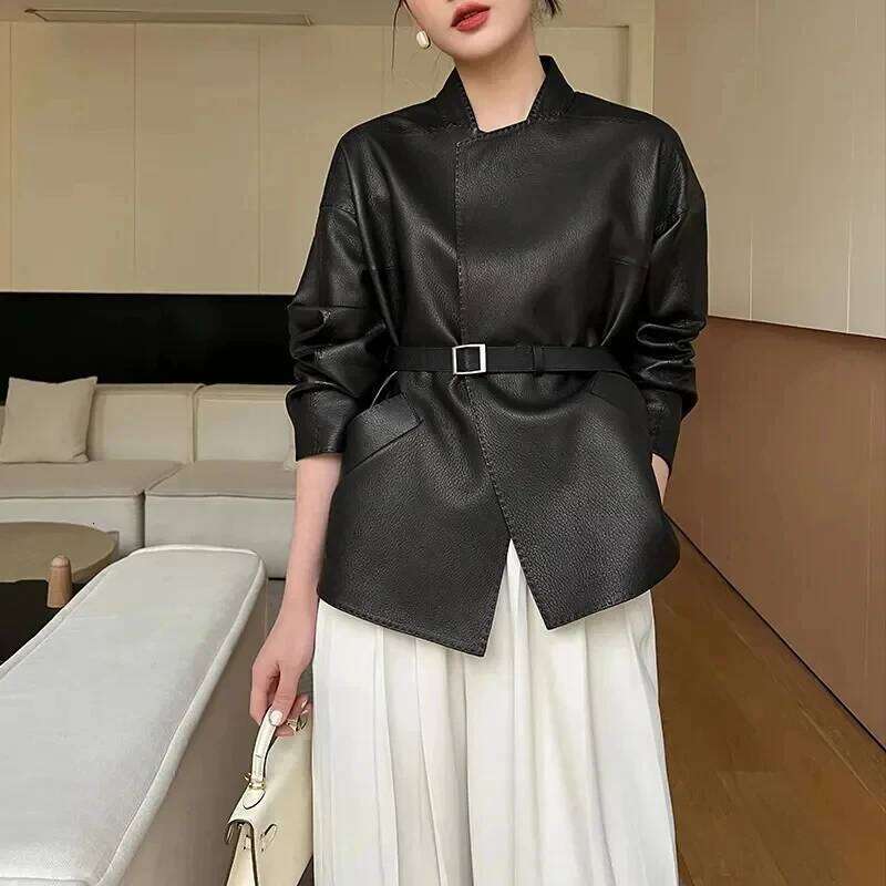Black PU Deerskin Jacket Women's Short 2024 Spring Autumn New Waist Belt Outwear Fashion Leather Coat