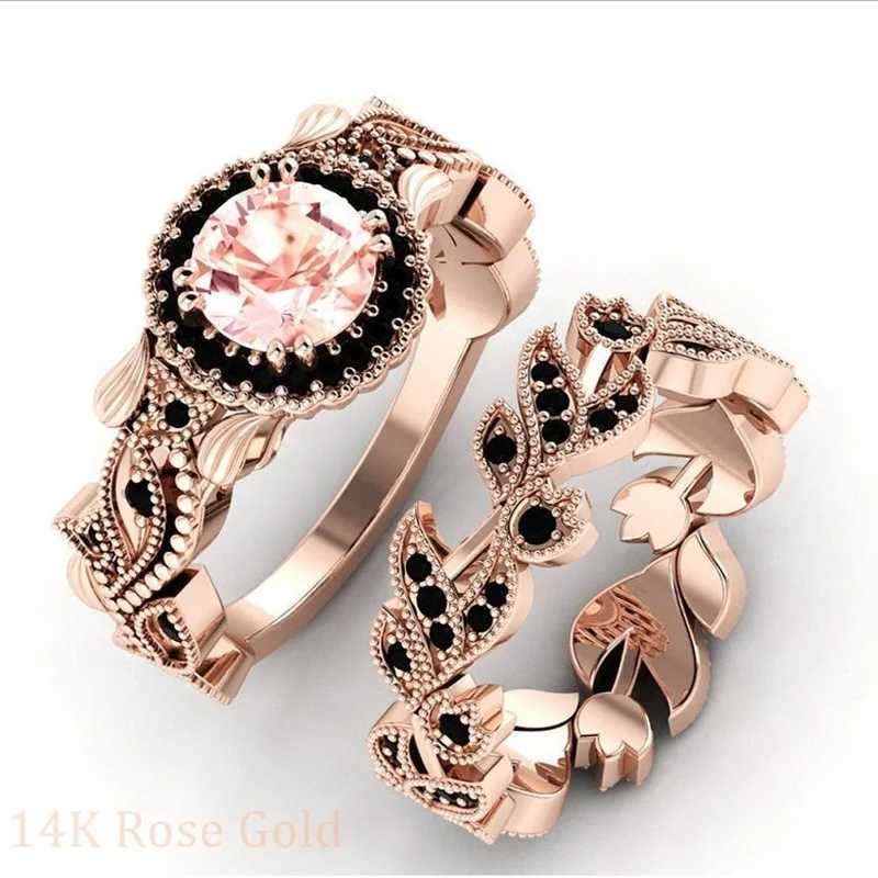 2 Pieces/set Exquisite Rose Gold Color Black Zircon Ring Vintage Flower Vine Inlaid with Champagne Stones Wedding Ring Set Z250611