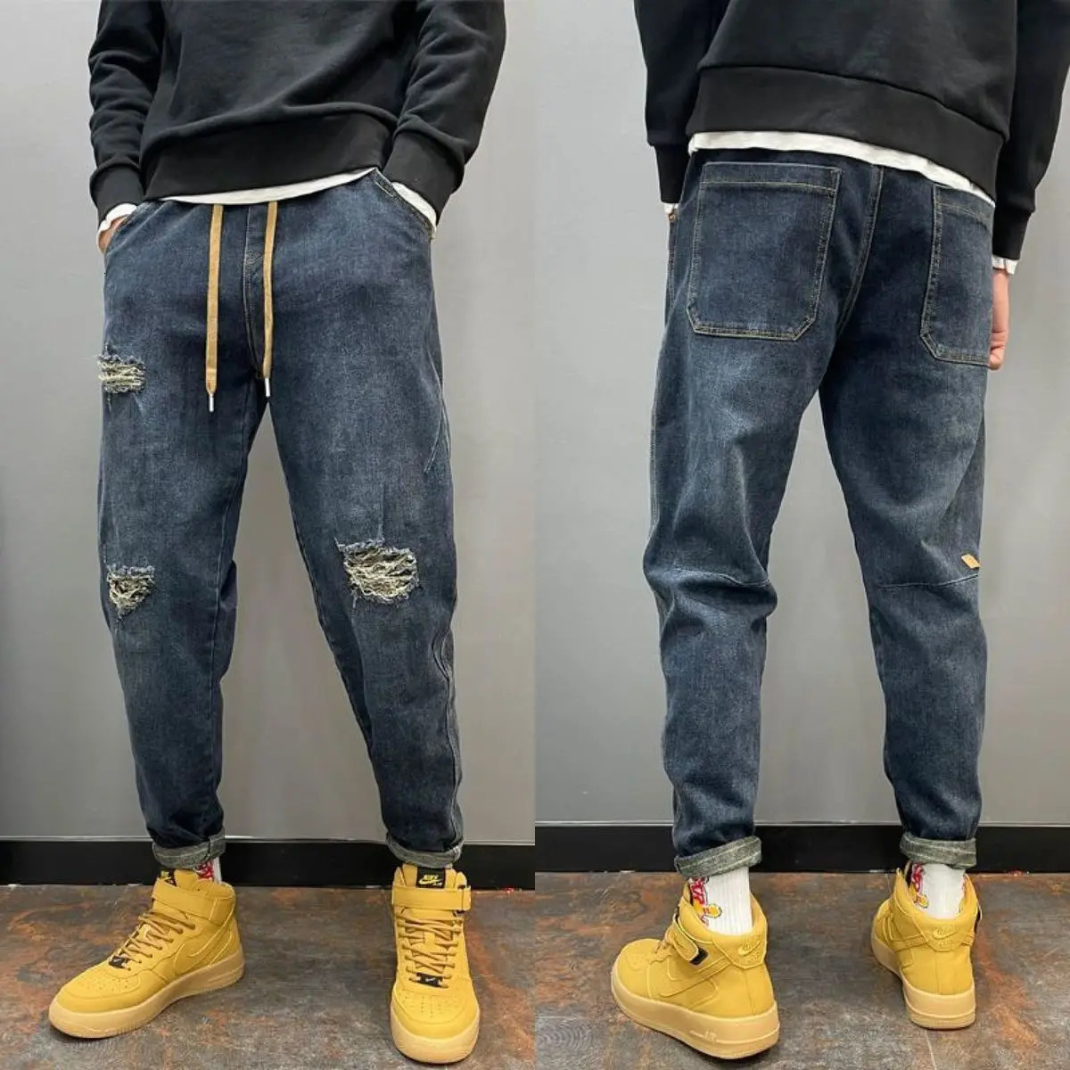 Highend Fashion Y Mens Pantalon de crayon élastique Harem Harem Radish Baggy Sweet Strass Trendy Fusered Jeans 250610